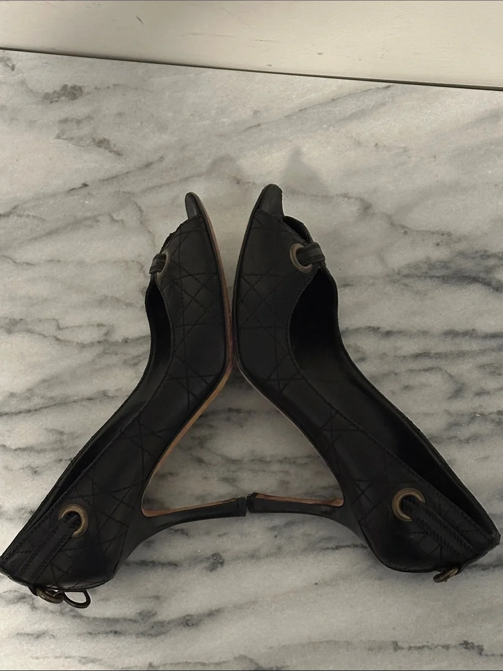 Dior Black Leather Peep-Toe Pumps with Gold Eyelet Detail & D charm Sz 37.5